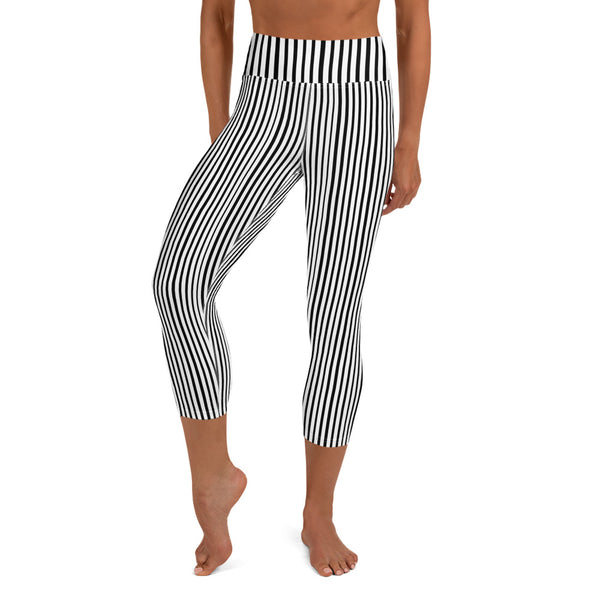 Black White Vertical Stripe Print Women's Yoga Capri Leggings Pants- Made in USA/EU-Capri Yoga Pants-Heidi Kimura Art LLC