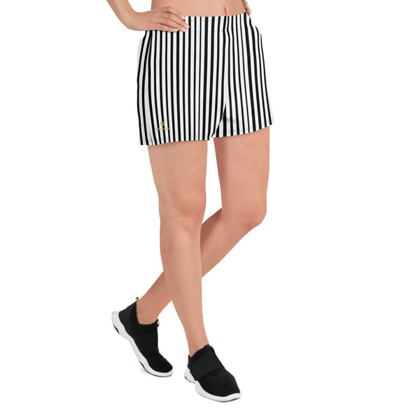Comfy Modern Vertical Stripe Black White Print Women's Athletic Short Shorts- Made in EU-Women's Athletic Shorts-Heidi Kimura Art LLC