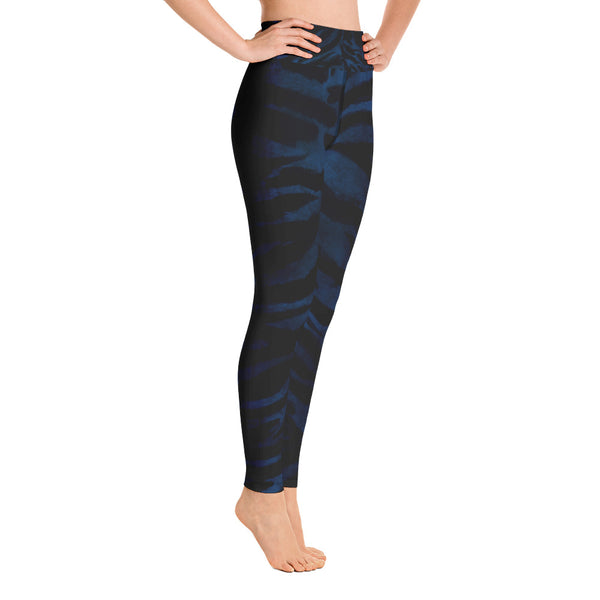 Navy Blue Tiger Striped Women's Leggings, Animal Print Long Yoga Pants- Made in USA/EU-Leggings-Heidi Kimura Art LLC Blue Tiger Striped Women's Leggings, Navy Blue Animal Tiger Striped Printed Women's Workout Fitted Leggings Sports Long Yoga Pants With Inside Pockets - Made in USA/EU (US Size: XS-XL) 