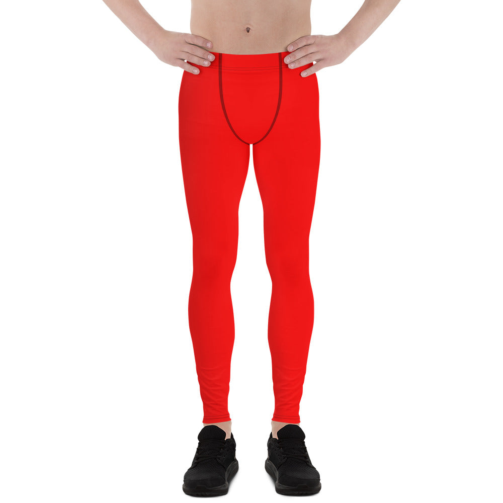 Red Hot Solid Color Men's Running Leggings Meggings Activewear- Made in USA/EU-Men's Leggings-XS-Heidi Kimura Art LLC