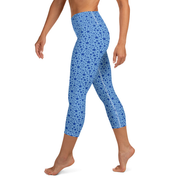 Light Blue Star Print Pattern Women's Yoga Mid-Calf Capri Pants Leggings- Made in USA/EU-Capri Yoga Pants-Heidi Kimura Art LLC