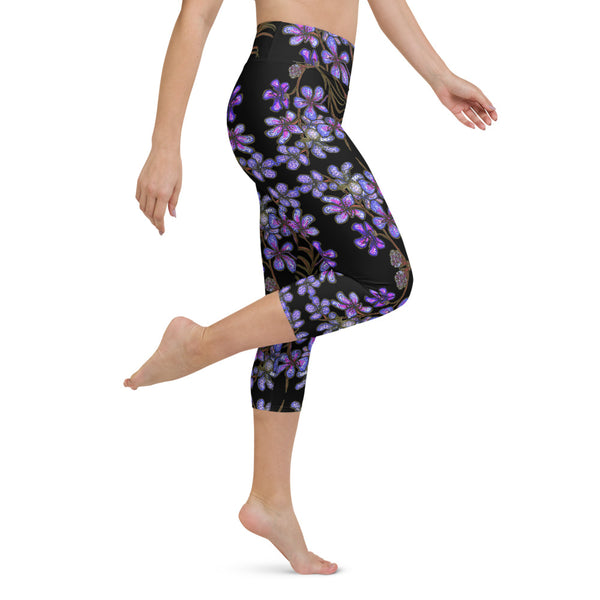 Violet Purple Yoga Capri Leggings, Orchids Floral Print Capris Tights-Made in USA/EU-Heidi Kimura Art LLC-Heidi Kimura Art LLC