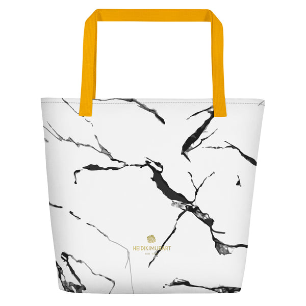 White Marble Print Best 16"x20" Large Beach Tote Bag With Inside Pocket-Made in USA/EU-Beach Tote Bag-Heidi Kimura Art LLC
