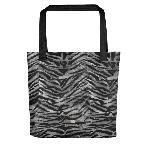 Gray Tiger Striped Print Tote Bag, Grey Animal Print 15" x 15" Tote Bag-Made in USA/EU-Tote Bag-Black-Heidi Kimura Art LLC