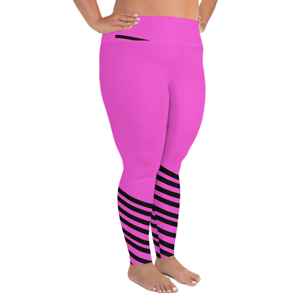 Hot Pink Black Diagonal Stripe Women's Fitness Yoga Leggings-Women's Plus Size Leggings-Heidi Kimura Art LLC