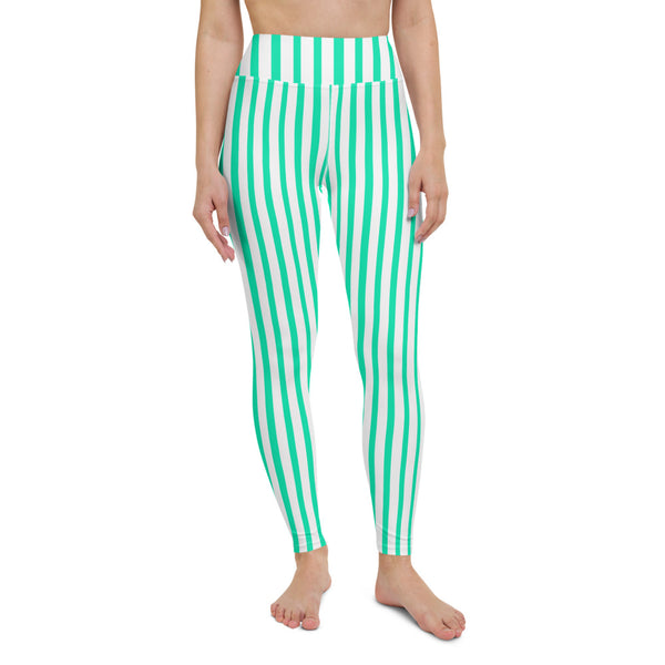 Blue Striped Yoga Leggings, Women's Yoga Pants- Made in USA/EU-Heidi Kimura Art LLC-Heidi Kimura Art LLC