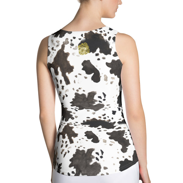 Cow Print Comfy Stretchy Soft Crew Neck Fitted Women's Tank Top, Made in USA-Tank Top-Heidi Kimura Art LLC