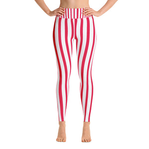 Women's White & Red Stripe Active Wear Fitted Leggings - Made in USA-Leggings-XS-Heidi Kimura Art LLC Red Striped Women's Leggings, Women's White & Red Stripe Active Wear Fitted Circus Leggings Sports Long Yoga & Barre Pants - Made in USA/EU (US Size: XS-XL)