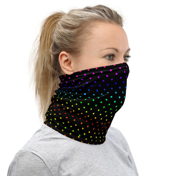Black Rainbow Dots Neck Gaiter, Washable Bandana Face Mask Covering-Made in USA/EU-Heidi Kimura Art LLC-Heidi Kimura Art LLCBlack Rainbow Dots Neck Gaiter, Polka Dots Print Luxury Premium Quality Cool And Cute One-Size Reusable Washable Scarf Headband Bandana - Made in USA/EU, Face Neck Warmers, Non-Medical Breathable Face Covers, Neck Gaiters   