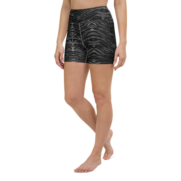 Grey Black Tiger Yoga Shorts, Striped Animal Print Premium Quality Women's High Waist Spandex Fitness Workout Yoga Shorts, Yoga Tights, Fashion Gym Quick Drying Short Pants With Pockets - Made in USA/EU (US Size: XS-XL)