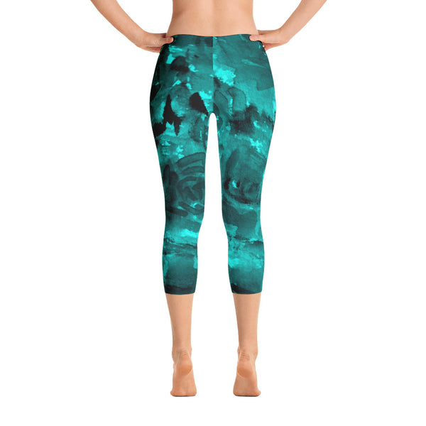 Mermaid Blue Rose Floral Designer Capri Leggings Spandex Casual Leggings-capri leggings-XS-Heidi Kimura Art LLC