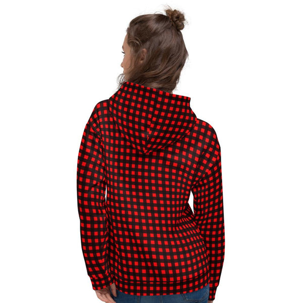 Buffalo Red Plaid Print Women's Unisex Soft Fleece Designer Hoodie- Made in Europe-Women's Hoodie-Heidi Kimura Art LLC