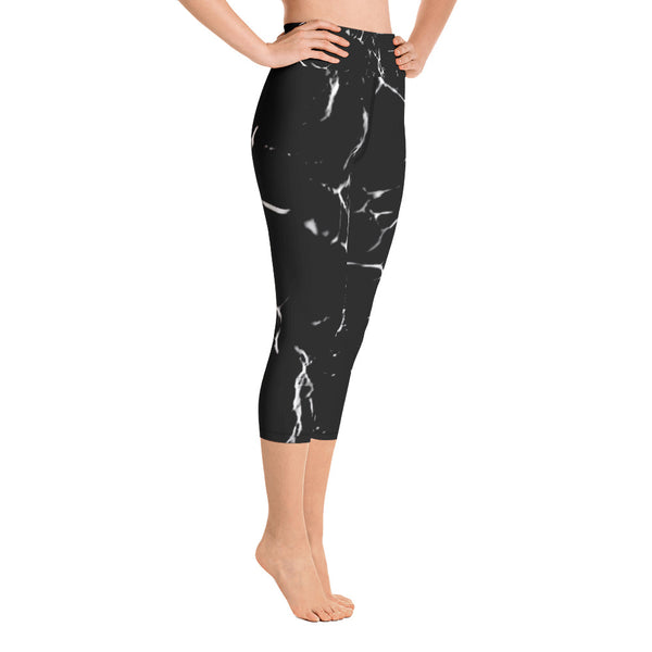 Black Marble Print Capri Leggings, Women's Yoga Capri Leggings Tights- Made in USA/EU-Capri Yoga Pants-Heidi Kimura Art LLC