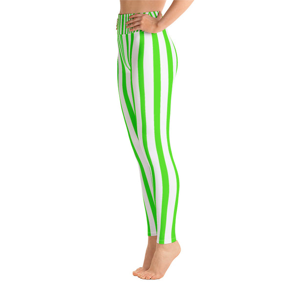Women's Green & White Stripe Print Stretchy Comfy Long Yoga Pants - Made in USA-Leggings-Heidi Kimura Art LLC Green Striped Women's Yoga Pants, Women's Neon Green & White Stripe Active Wear Fitted Leggings Sports Long Yoga & Barre Pants, Festive Leggings - Made in USA (US Size: XS-XL)