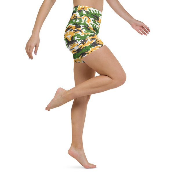 Green Camo Yoga Shorts, Women's Camouflage Short Tights-Made in USA/EU-Heidi Kimura Art LLC-XL-Heidi Kimura Art LLC