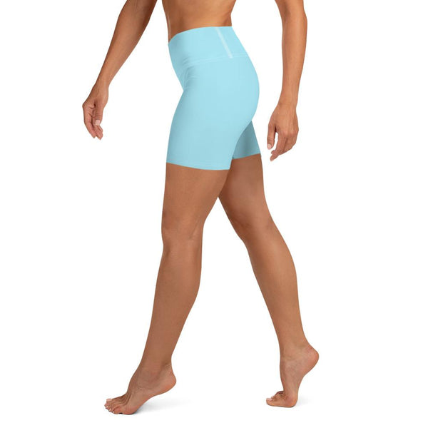 Light Blue Solid Color Premium Dance Yoga Shorts With Inside Pockets - Made in USA-Yoga Shorts-Heidi Kimura Art LLC Light Blue Yoga Shorts, Light Blue Solid Color Premium Quality Women's High Waist Spandex Fitness Workout Yoga Shorts, Yoga Tights, Fashion Gym Quick Drying Short Pants With Pockets - Made in USA/EU (US Size: XS-XL)