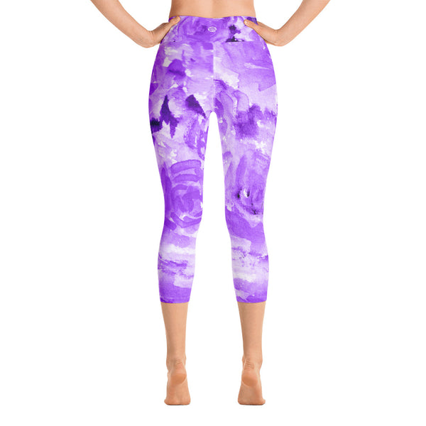 Purple Floral Print Women's Yoga Capri Pants Leggings w/ Pockets Plus Size Available-Capri Yoga Pants-Heidi Kimura Art LLC