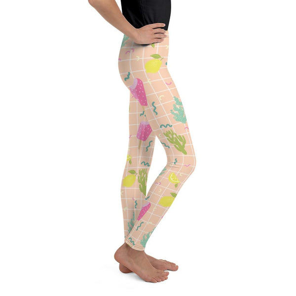 Nude Beige Ice Cream Cactus Print Youth Leggings Tight Workout Pants -Made in USA/EU-Youth's Leggings-Heidi Kimura Art LLC
