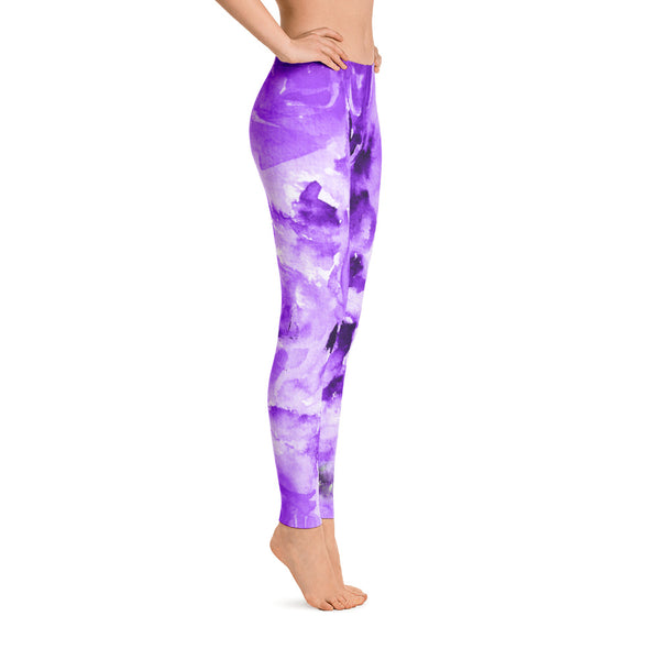 Purple Rose Floral Print Women's Long Casual Leggings/ Running Tights - Made in USA (US Size: XS-XL)-Casual Leggings-Heidi Kimura Art LLC