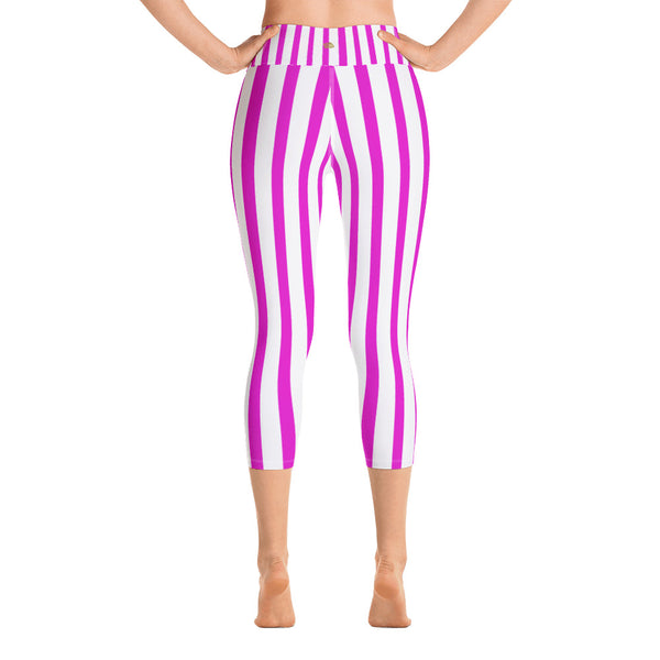 Pink Striped Women's Yoga Capri Pants Workout Leggings With Pockets - Made in USA/EU-Capri Yoga Pants-Heidi Kimura Art LLC Pink Striped Women's Capris Tights, Pink Striped Women's Yoga Capri Pants Workout Fitness Leggings With Pockets XS-XL Clothing - Made in USA/EU/MX (US Size: XS-XL)