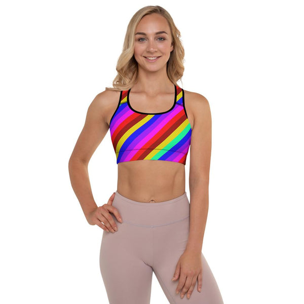 Rainbow Diagonal Stripe Print Women's Padded Gym Fitness Sports Bra-Made in USA/EU-Sports Bras-Black-XS-Heidi Kimura Art LLC