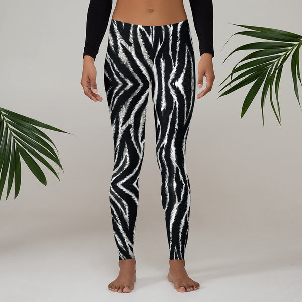 Zebra Print Women's Leggings, Black White Animal Print Casual Fancy  Tights-Made in USA/EU