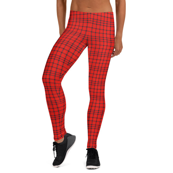 Red Plaid Print Leggings, Scottish Tartan Women's Tights-Made in USA/EU-Heidi Kimura Art LLC-Heidi Kimura Art LLC