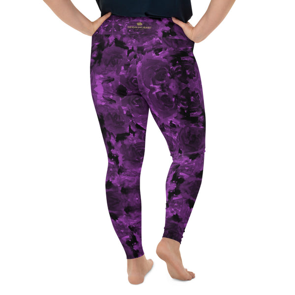 Purple Floral Plus Size Leggings, Abstract Women's Long Yoga Pants-Made in USA/EU-Heidi Kimura Art LLC-Heidi Kimura Art LLC Purple Floral Plus Size Leggings, Abstract Printed Women's Leggings Plus Size, Women's Yoga Pants Long Plus Size Leggings - Made in USA/EU (US Size: 2XL-6XL)