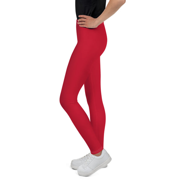 Bright Christmas Red Solid Color Youth Gym Compression Tight Leggings-Made in USA/EU-Youth's Leggings-Heidi Kimura Art LLC
