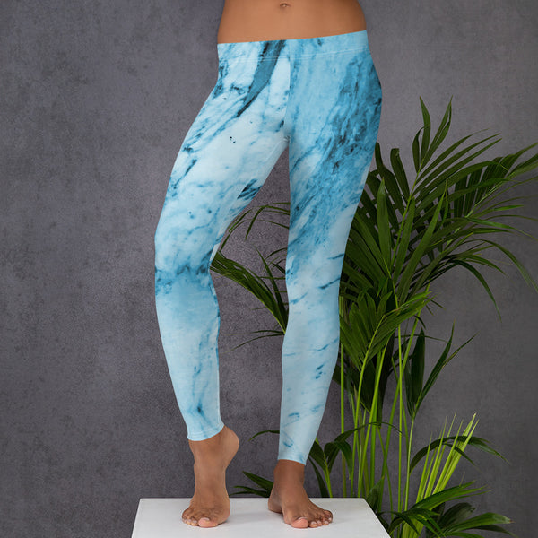 Blue Marble Print Fancy Leggings, Women's Dressy Abstract Tights-Made in USA/EU-Heidi Kimura Art LLC-Heidi Kimura Art LLC