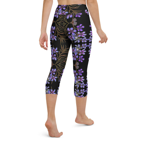 Purple Orchids Yoga Capri Leggings, Floral Print Best Women's Yoga Capri Leggings Pants High Performance Tights- Made in USA/EU (US Size: XS-XL)