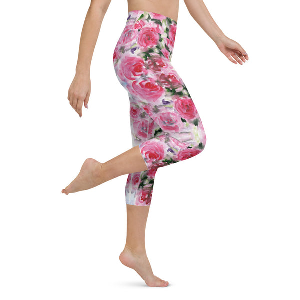 Pink Rose Yoga Capri Leggings-Heidikimurart Limited -Heidi Kimura Art LLC  Pink Rose Yoga Capri Leggings, Floral Flower Print Comfy Capri Leggings Yoga Fitness Tight Gym Pants - Made in USA/EU/MX (US Size: XS-XL)
