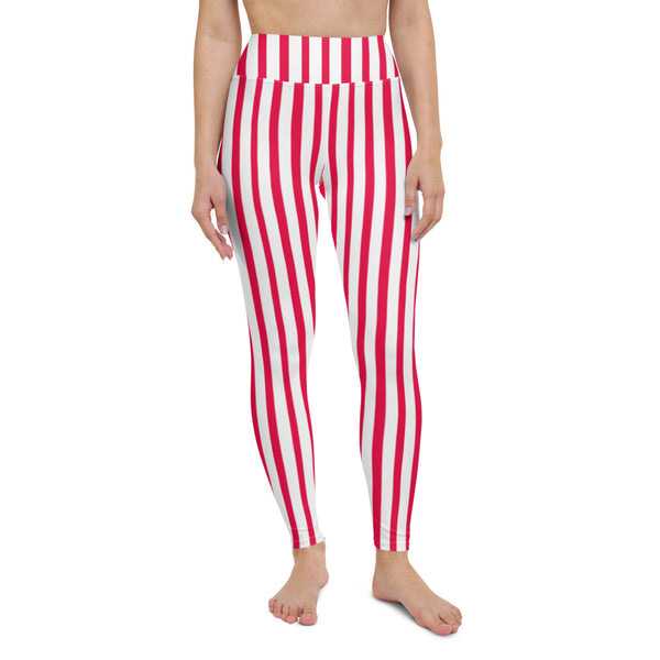 Red White Striped Yoga Leggings, Circus Vertically Stripes Women's Long Pants-Heidikimurart Limited -Heidi Kimura Art LLC Red White Striped Yoga Leggings, Circus Vertically Stripes Patterned Colorful Ladies' Abstract Print Gym Active Fitted Leggings Sports Yoga Pants - Made in USA/EU/MX (US Size: XS-XL)