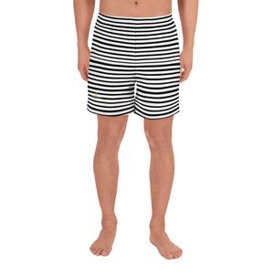 Horizontal Black White Stripe Print Men's Athletic Long Fitness Workout Shorts- Made in EU-Men's Long Shorts-XS-Heidi Kimura Art LLC