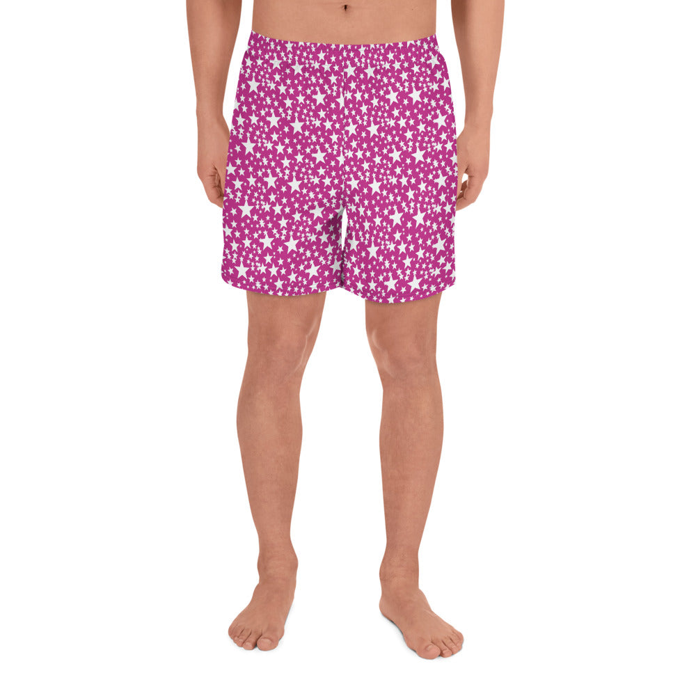 Pink White Stars Shapes Pattern Print Men's Athletic Long Shorts Bottom Pants - Made in EU-Men's Long Shorts-XS-Heidi Kimura Art LLC