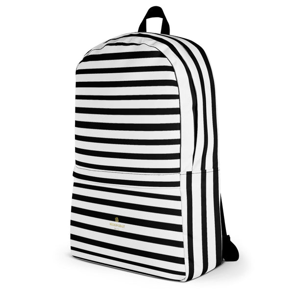 Black White Horizontal Stripe Print School Travel Work Laptop Backpack- Made in USA/EU-Backpack-Heidi Kimura Art LLC