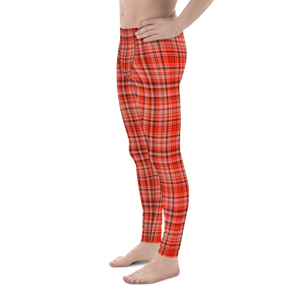 Red Plaid Tartan Print Elastic Fitted Stretchy High Waist Men's Leggings-Made in USA/EU-Men's Leggings-Heidi Kimura Art LLC