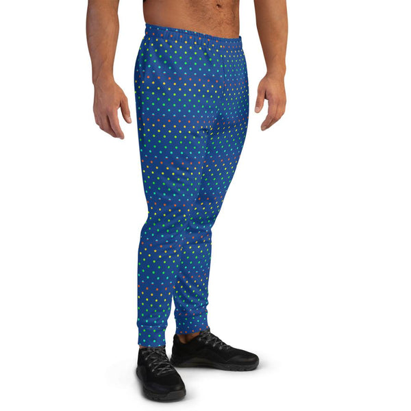 Cobalt Blue Rainbow Polka Dots Print Designer Men's Joggers-Made in EU-Men's Joggers-Heidi Kimura Art LLC