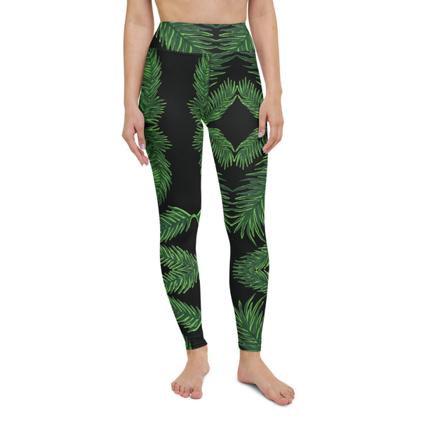 Black Tropical Leaf Print Yoga Leggings, Green Palm Leaf Women's Yoga Tights-Made in USA/EU-Heidi Kimura Art LLC-XS-Heidi Kimura Art LLC