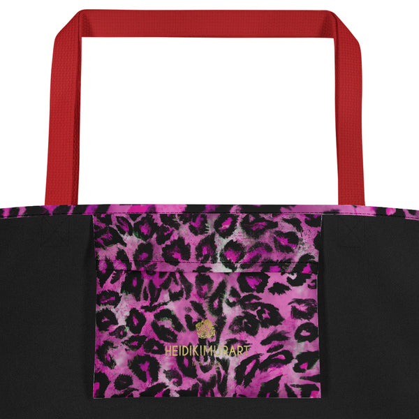 Pink Leopard Animal Print 16"x20" Beach Bag With Large Inside Pocket- Made in USA/EU-Beach Tote Bag-Heidi Kimura Art LLC