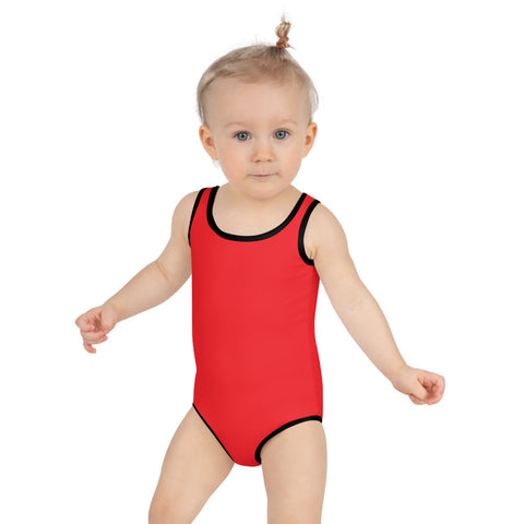Bright Red Girl's Swimwear, Modern Simple Solid Color Print Girl's Kids Luxury Premium Modern Fashion Swimsuit Swimwear Bathing Suit Children Sportswear- Made in USA/EU (US Size: 2T-7)