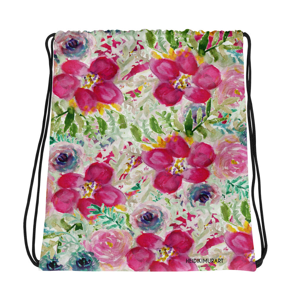 Pink Queen Floral Print Designer Travel 15”x17” Drawstring Bag- Made in USA/Europe-Drawstring Bag-Heidi Kimura Art LLC