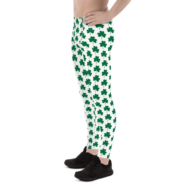 White Green Clover Leaf Print St. Patrick's Day Men's Leggings Meggings-Made in USA/EU-Men's Leggings-Heidi Kimura Art LLC