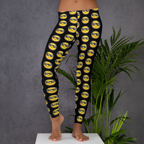 Black Sunshine Emoji Casual Leggings, Women's Tights-Made in USA/EU-Heidi Kimura Art LLC-Heidi Kimura Art LLC