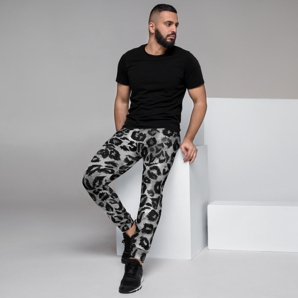 Grey Leopard Print Men's Joggers, Black Grey Animal Print Casual Designer Ultra Soft & Comfortable Men's Joggers, Men's Jogger Pants-Made in EU (US Size: XS-3XL)