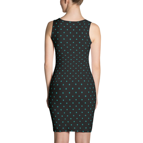 Black Teal Blue Color Polka Dots Women's Sleeveless Premium Best Dress-Made in USA-Women's Sleeveless Dress-Heidi Kimura Art LLC Black Teal Blue Dress, Black Teal Blue Color Polka Dots Women's Sleeveless Premium Bestselling Designer Dress-Made in USA/EU (US Size: XS-XL)