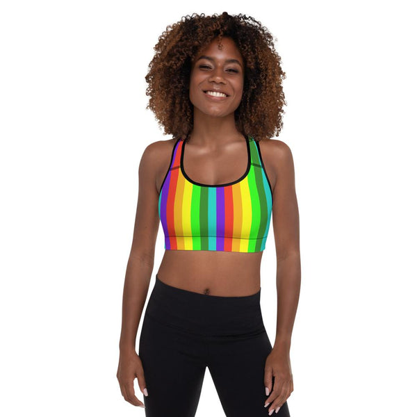 Bright Rainbow Vertical Stripe Women's Padded Fitness Gym Sports Bra-Made in USA/EU-Sports Bras-Black-XS-Heidi Kimura Art LLC