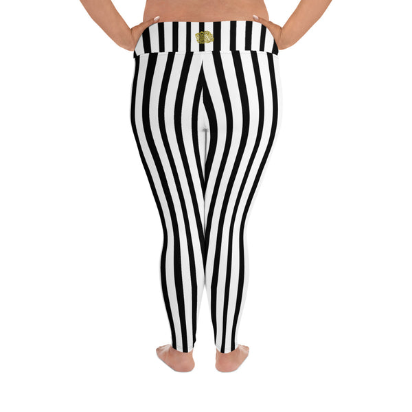White and Black Vertical Stripe Print Women's Plus Size Leggings- Made in USA-Women's Plus Size Leggings-Heidi Kimura Art LLC