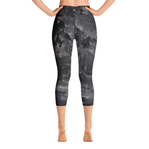 Gray Rose Floral Print Capri Leggings, Best Women's Yoga Pants For Women- Made in USA/EU-Capri Yoga Pants-Heidi Kimura Art LLC