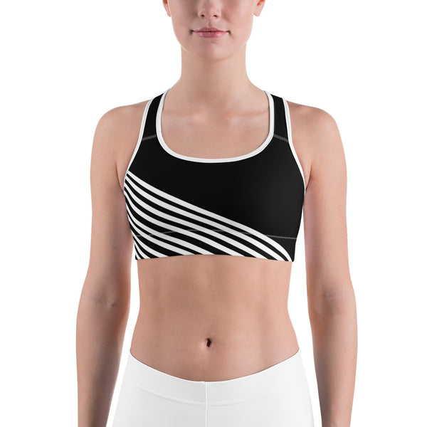 White Diagonal Striped Sports Bra, Black Stripe Print Women's Unpadded Bra-Made in USA/ EU-Sports Bras-White-XS-Heidi Kimura Art LLC